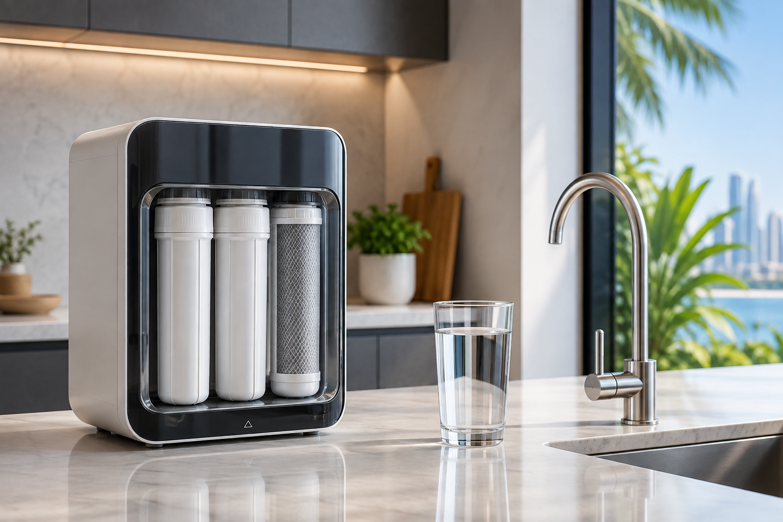 IMAGE ALT TEXT: Water purifier providing filtered drinking water in an Abu Dhabi home