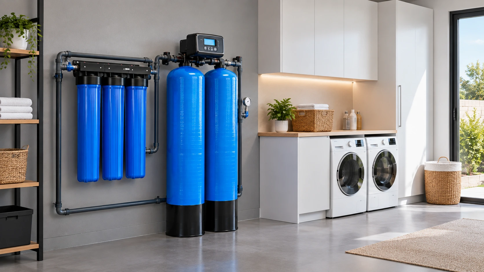 Whole-house water filtration system installed in a modern utility room.