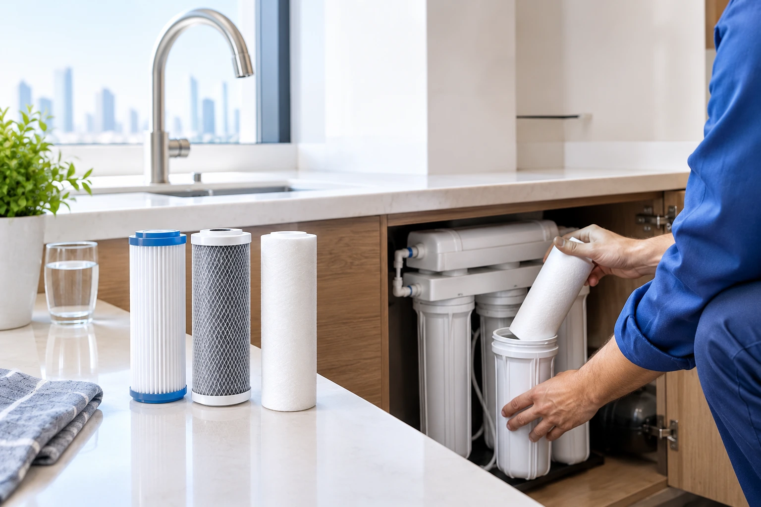 A water filter technician replacing a cartridge in an under-sink water purification system, with replacement filters displayed on a kitchen countertop.