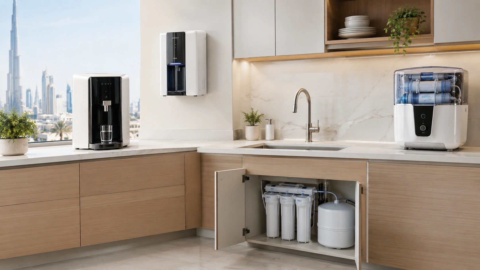 Modern KENT-style water purifiers in a contemporary UAE kitchen.